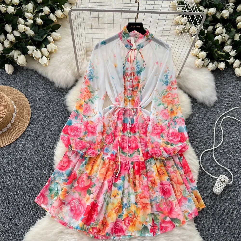 Summer Autumn Holiday Floral Long Sleeve Chiffon Short Dress Women Vintage Fashion Party Vestidos