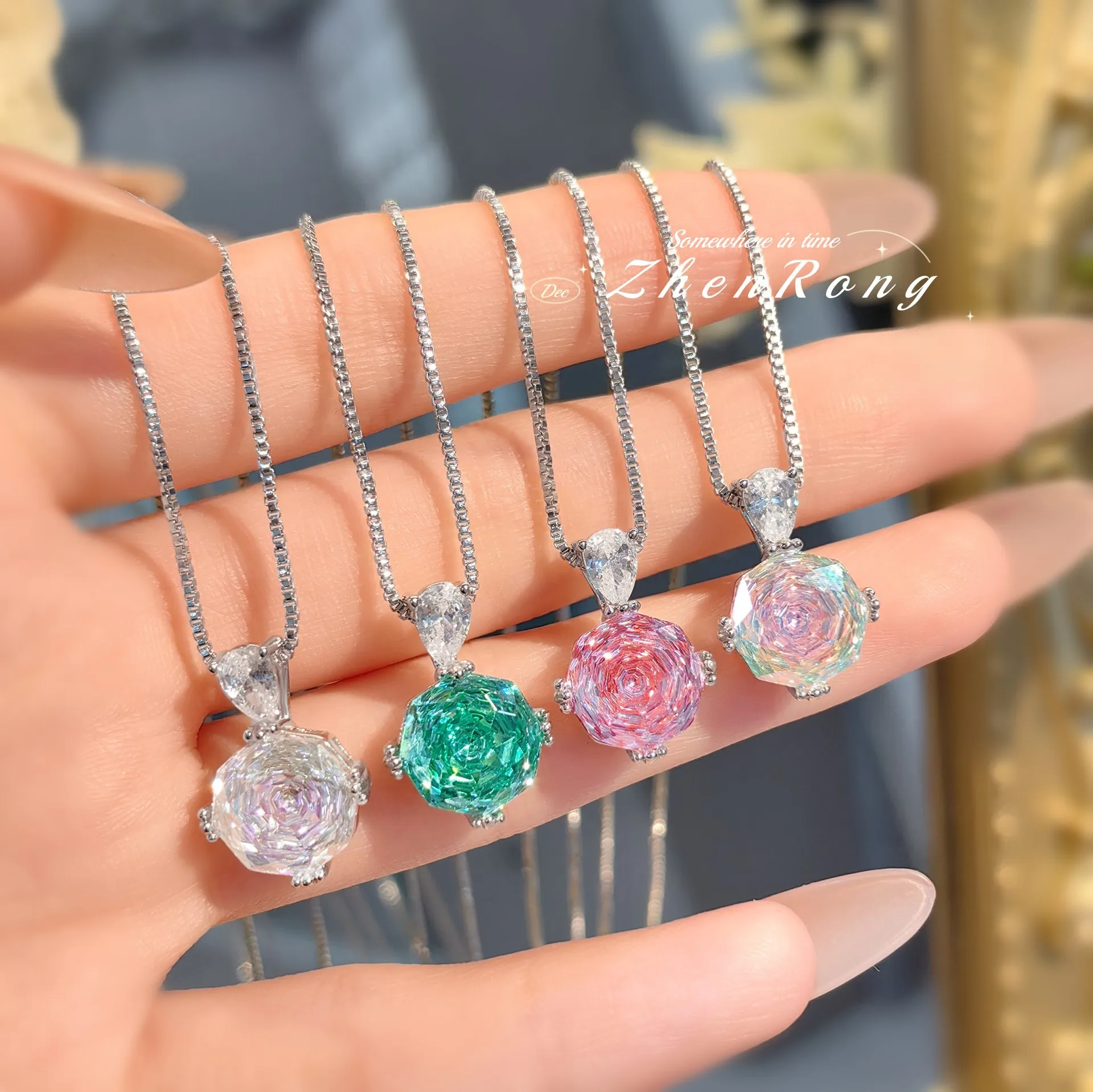 S925 Sterling Silver Jewelry Set Ring Necklace Stud Earrings Rose Pendant High Carbon Diamonds