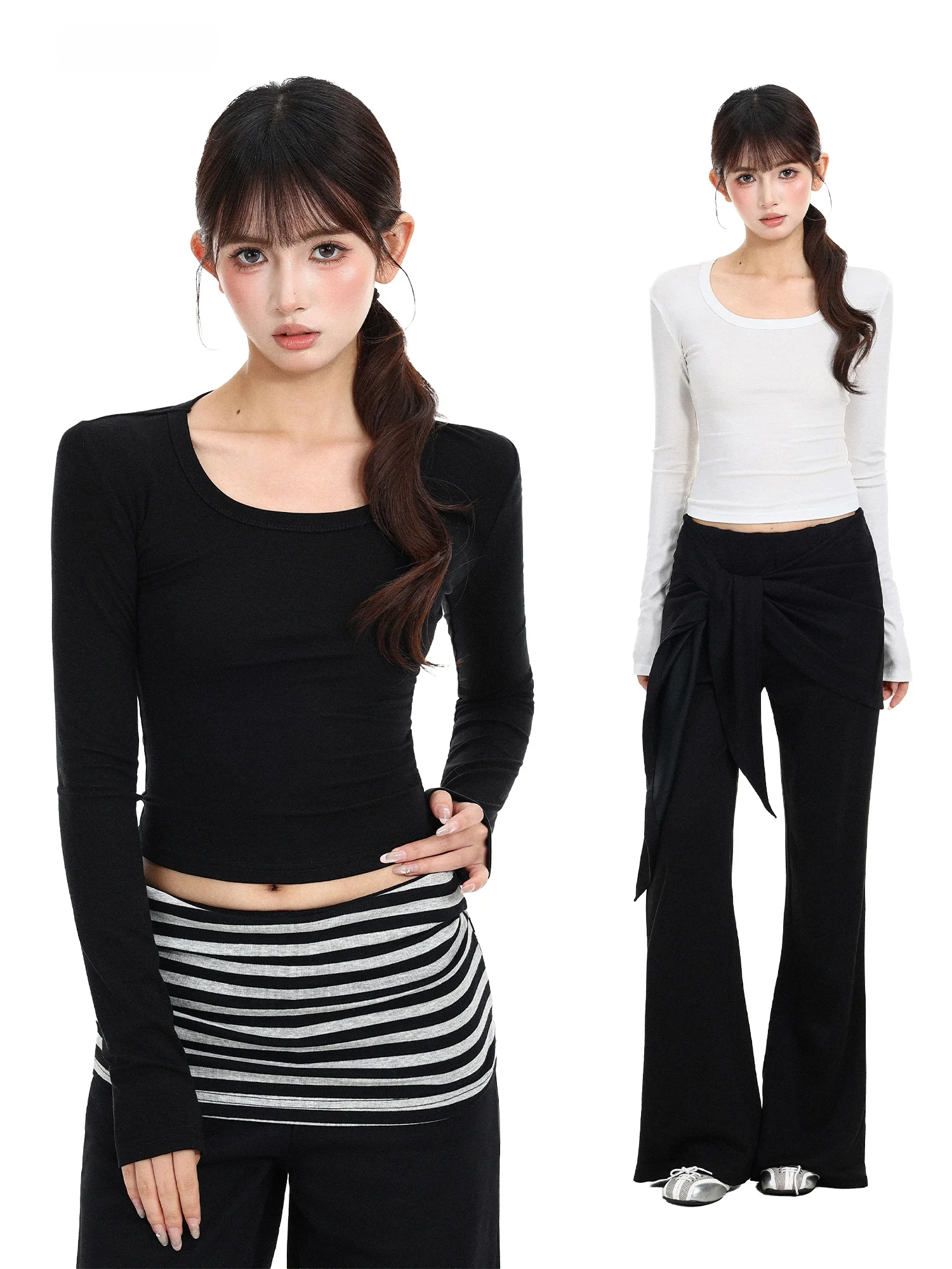 Biggold Women's Slim Fit Short Sleeveless U-Neck Long Sleeve Base Shirt Early Autumn Spicy Girl Casual Style Breathable Top