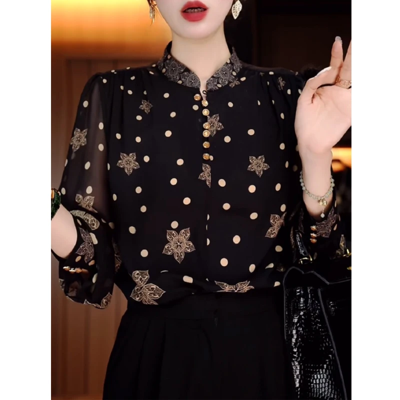 Women Korean Fashion Polka Dot Print Blouse Office Lady Vintage Elegant Commute Button Shirt Stand Collar Long Sleeve Loose Tops