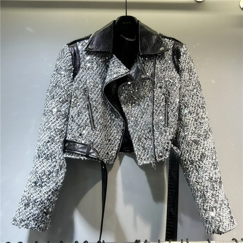 DEAT Women\'s Jackets Notched Collar Shiny Sequins High Waist Zippers Decoration Motorcycle Short Coat 2024 New Fashion 29L8774