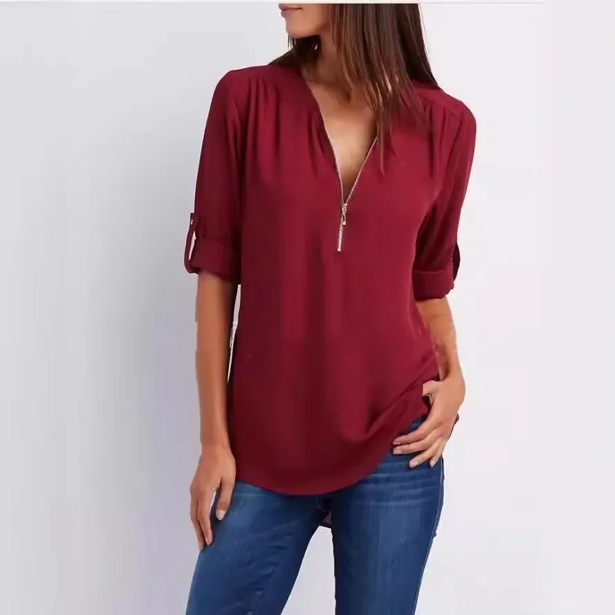 Camisa holgada de gasa con cuello en V profundo para mujer, blusa informal con cremallera, Jersey Sexy de talla grande, gran oferta, 2024