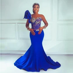 Royal Blue Mermaid Prom Dresses Beaded Corset See Through платье женское Gorgeous Long Prom Gowns Wedding Party Dress Applique