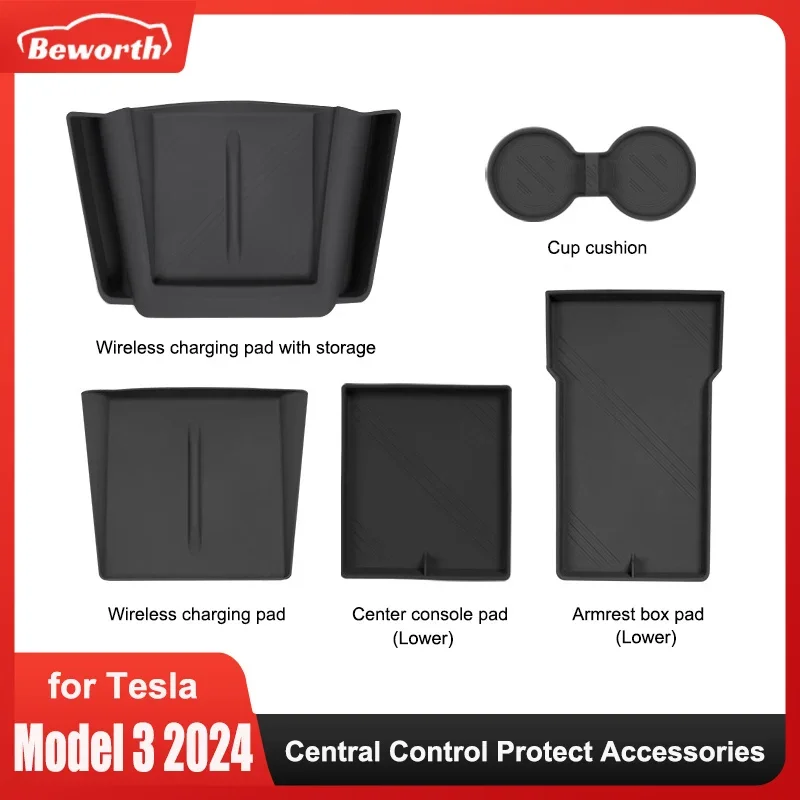 for Tesla Model 3 Highland 2024 Center Console Protector Mat Armrest Storage Organizer Tray Wireless Charge Pad Cup Accessories