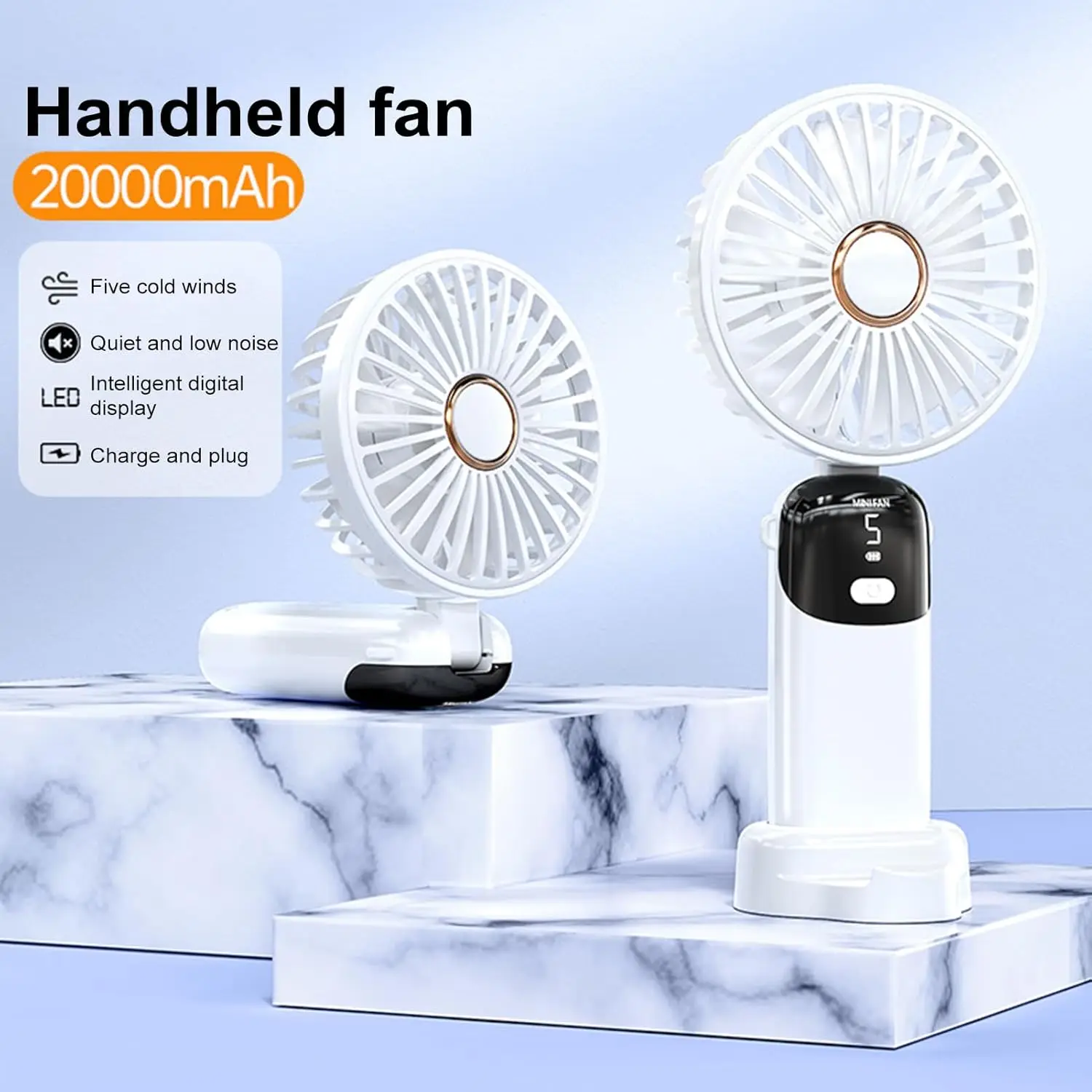 Портативный ручной вентилятор с цифровым дисплеем, 5 скоростей, перезаряжаемый, 180 градусов, регулируемый, складной, охлаждающий кондиционер