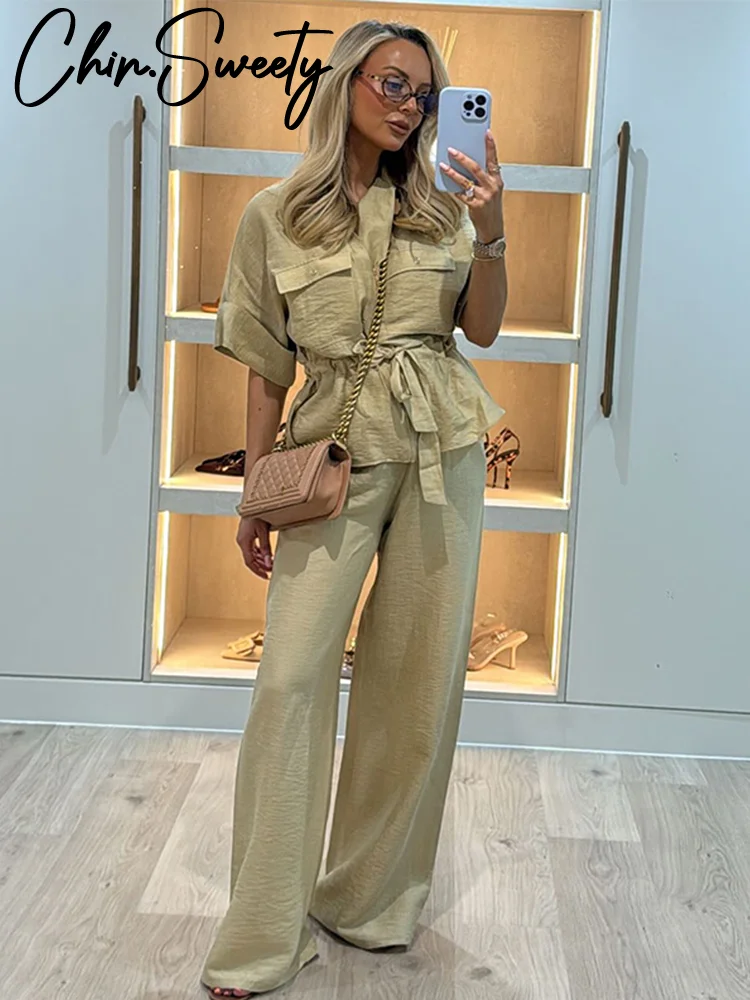 Casual Coat Pant Set Women Loose Zipper V-neck Lace Up Pleat Top Wide Leg Trousers Suit 2026 Spring Summer Lady Outfits New