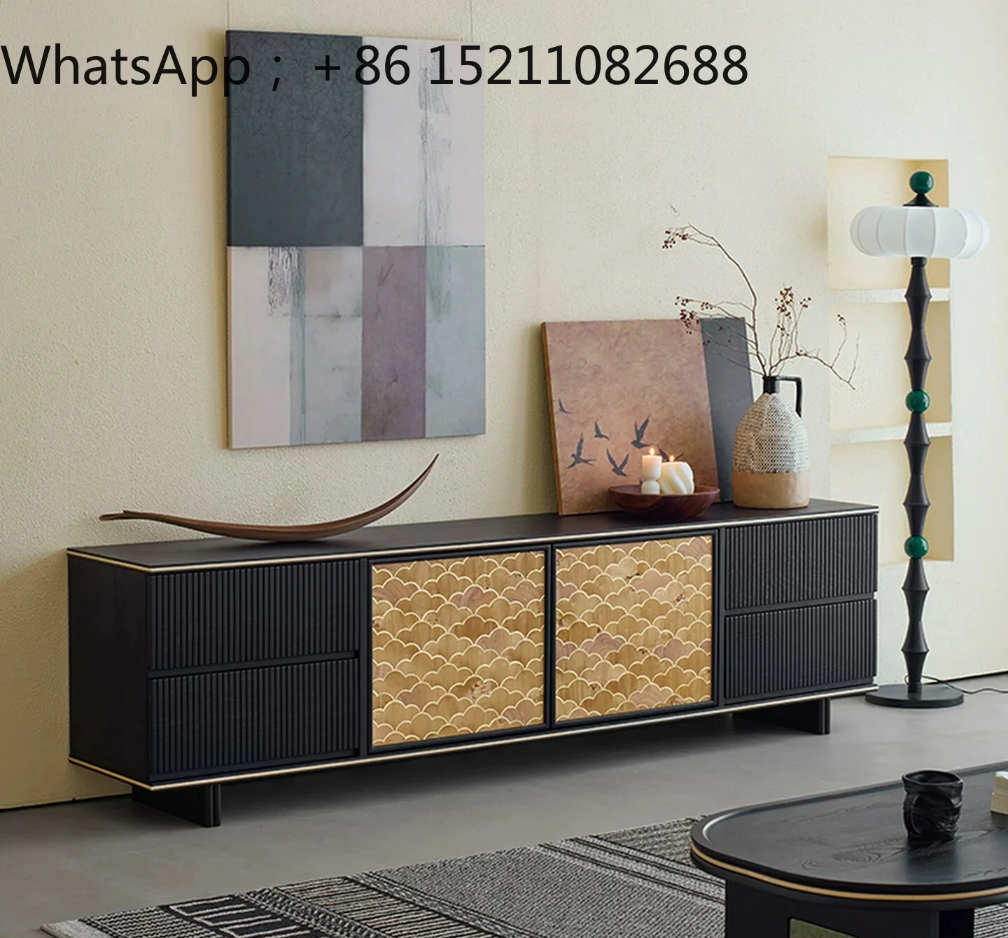 SCY TV cabinet, living room, home medium-ancient style solid wood storage locker, integrated black retro floor cabinet