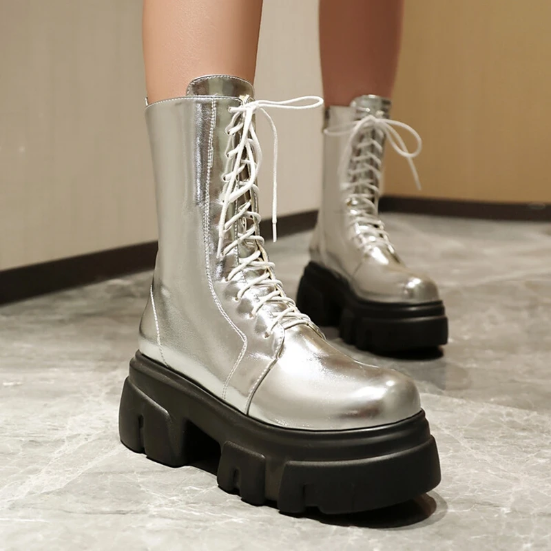 REAVE CAT 8cm Heel 5.5cm Platform Mortorcycle Boots Midcalf Autumn Strap Up Antislip Shoes Big Size 41 42 43 44