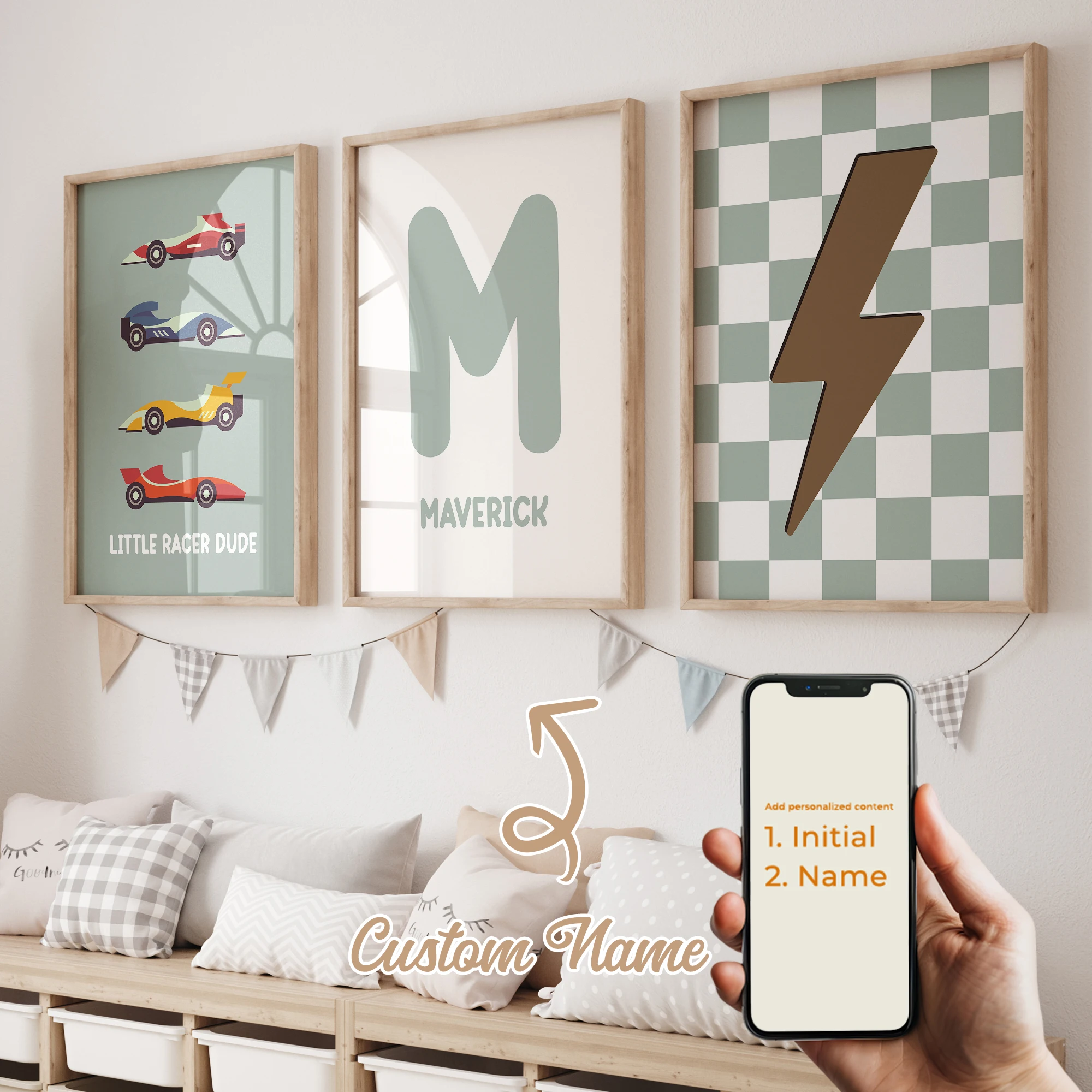 3pcs Personalized Custom Name Cartoon Race Car Wall Art Print Picture Canvas Poster Painting For Living Child Room Home Decor