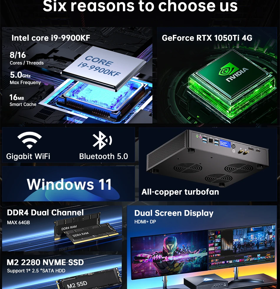 MSECORE MV200 インテル Core i9-9900KF GTX1050Ti 専用カードゲーム ミニ PC Windows 11 オフィス デスクトップ コンピュータ NVME DDR4 4K wifi6