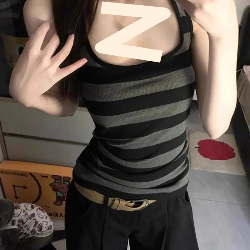 

Women's American Style Striped Sleeveless Camisole Slim-fit Summer Top Hot Girl Outer Wear Beautiful Back Design