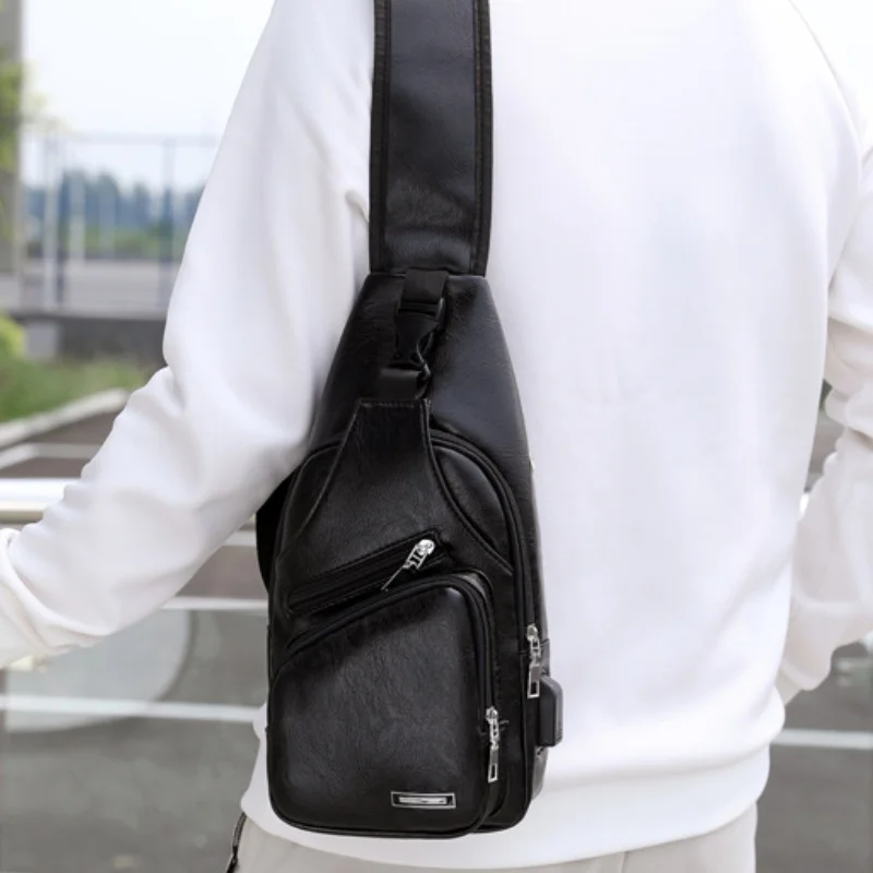 

Retro Solid Color Soft PU Leather Multifunctional USB Charging Men's Chest Bag, Zipper Shoulder Crossbody Bags for Men Daily Use
