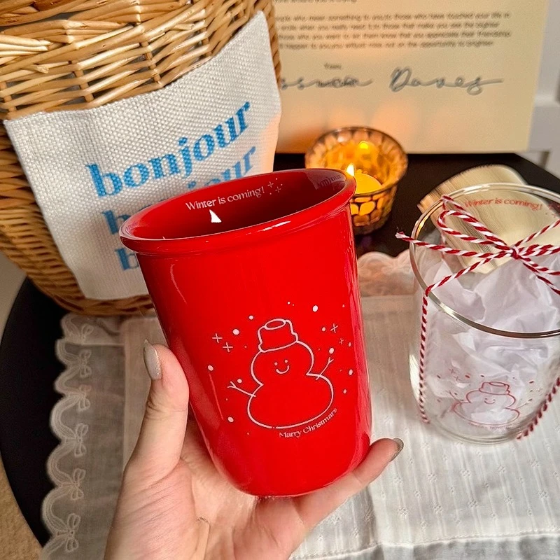 

Original Red Snowman Coffee Mugs,Home High Borosilicate Glass Straw Cups,Christmas Gift Ceramic Mug with Silicone Lid,Kawaii Cup