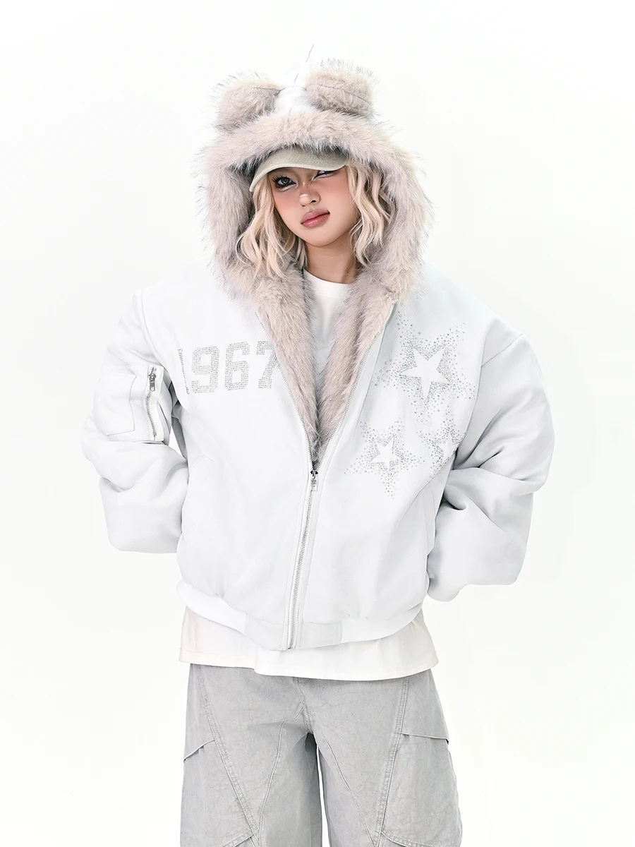 

Lazy Girl Furry Cotton Jaet Women's Loose BF American Retro Couple Outerwear Winter New Sle Street Sle Thiened Long S...