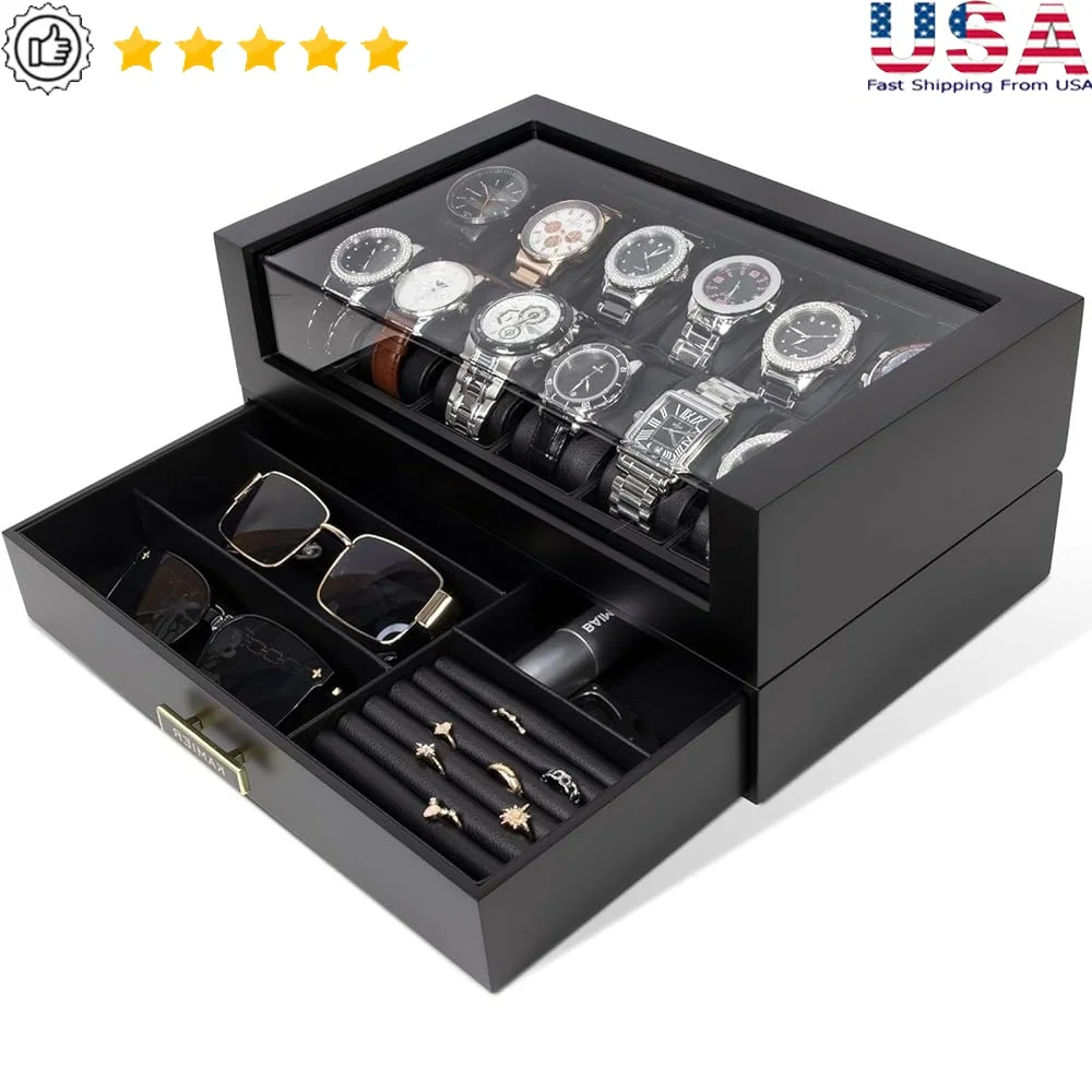

High End Watch Box Men 12 Slot Wooden Display Case with Drawer Luxury Watch Holder Organizer Jewelry Storage Gift Him