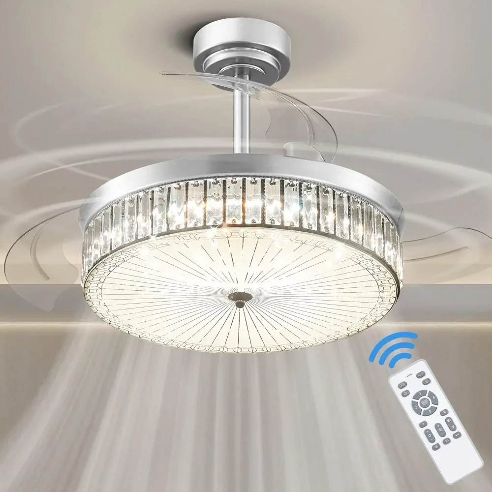 Crystal Ceiling Fan Light with Remote Control, Crystal Ceiling Light with Reversible Motor, Retractable Ceilings Fan with Lights