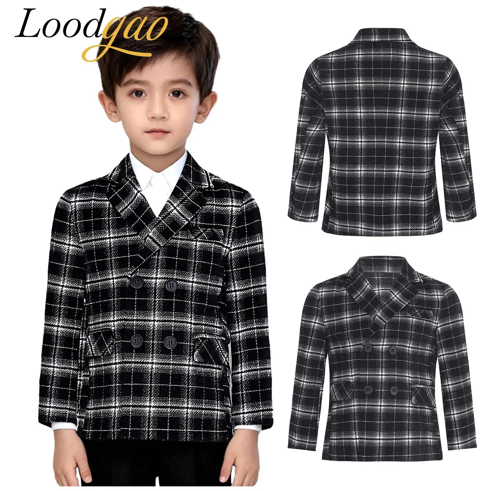 Double-breasted Suit Jackets Kids School Uniforms Boy's Outerwear Boys British Style Plaid Blazer Notch Lapel Coats