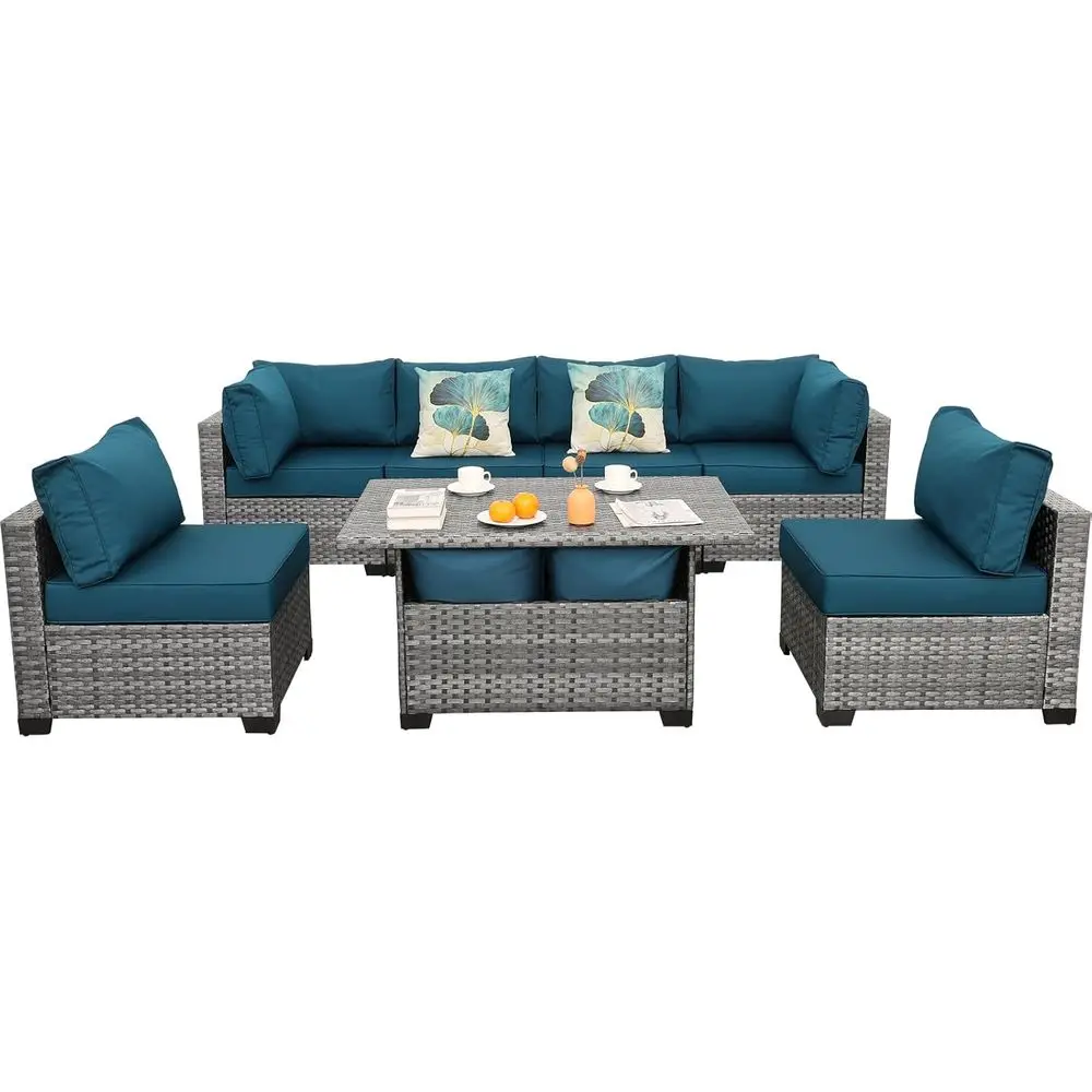 

7-Piece Outdoor Wicker Patio Furniture Set with Sectional Sofa, Storage Table, Cushions, and Cover in Peacock Blue