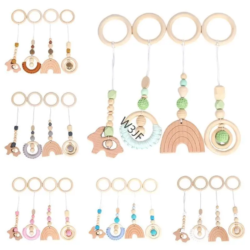 

W3JF 4Pcs Baby for Play Gym Frame Pendants Newborn Wooden Beads Ring Teether Molar Ra