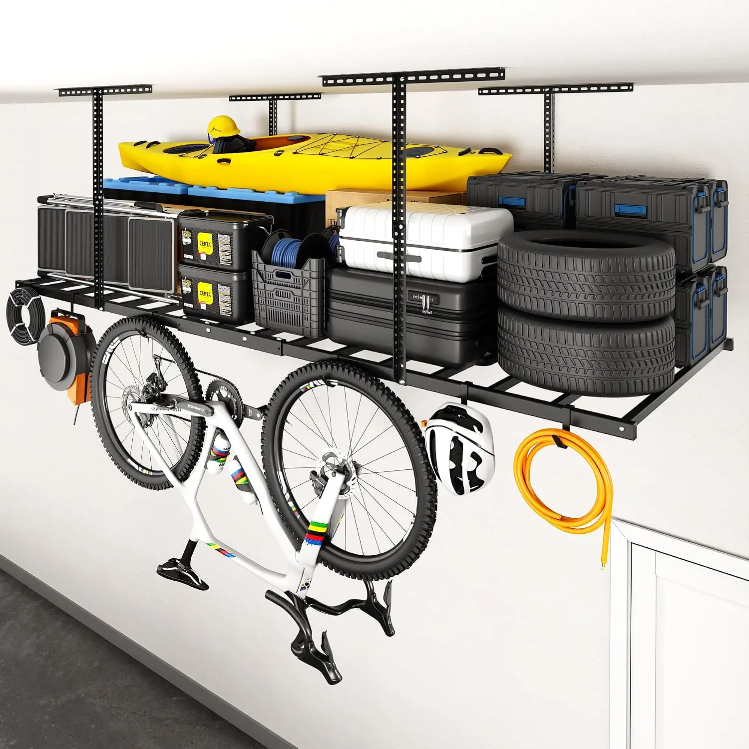 Overhead Garage Storage Rack, Heavy Duty Ceiling Mounted Utility Organizer Shelf With Hanging Hooks For Workshop Warehouse Basement, Modern Metal Hanging System In Black, 1 Pack