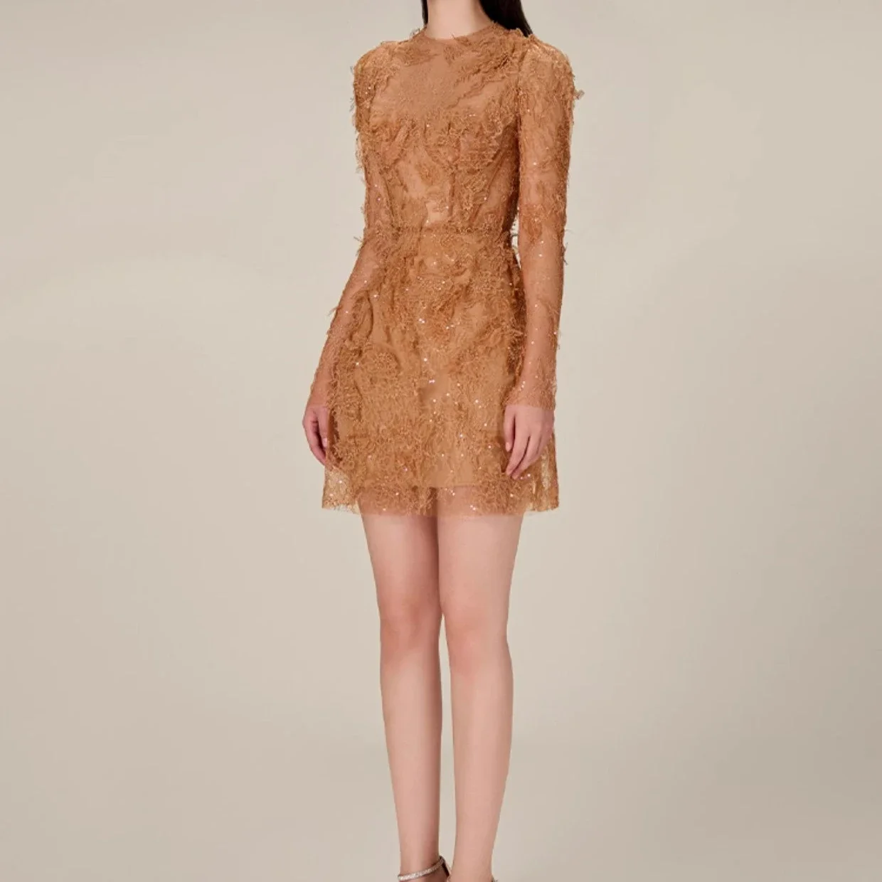 Vintage champagne lace Dress Women long sleeve O-neck Bodycon Dress Three-dimensional flower Luxury Design Vestido