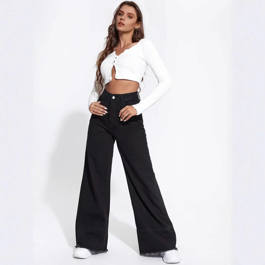Spring New American Wide Leg Jeans High Waist Splicing Rough Edge Loose Pants Women Jeans Denim Trousers Tassel