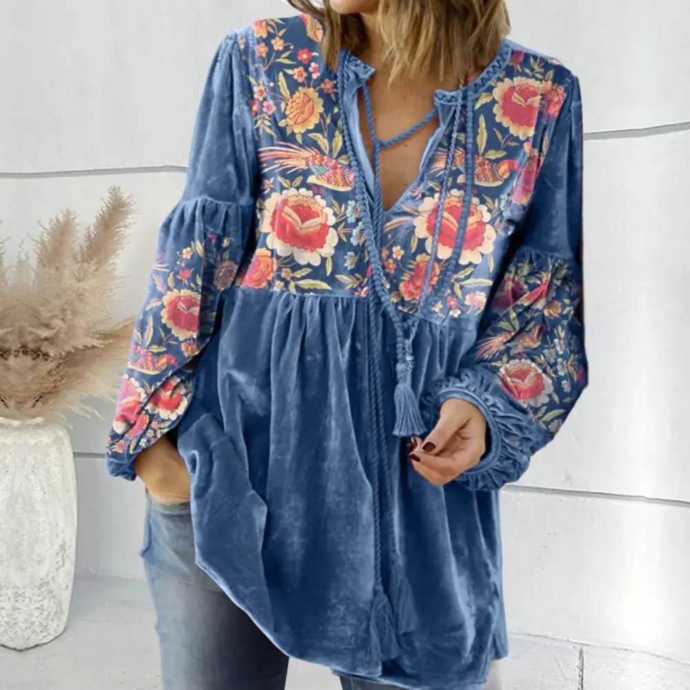 Bohemian Style Top Floral Print V-neck Drawstring Blouse for Women Retro Style Long Sleeve Fall Spring Top with Pleated