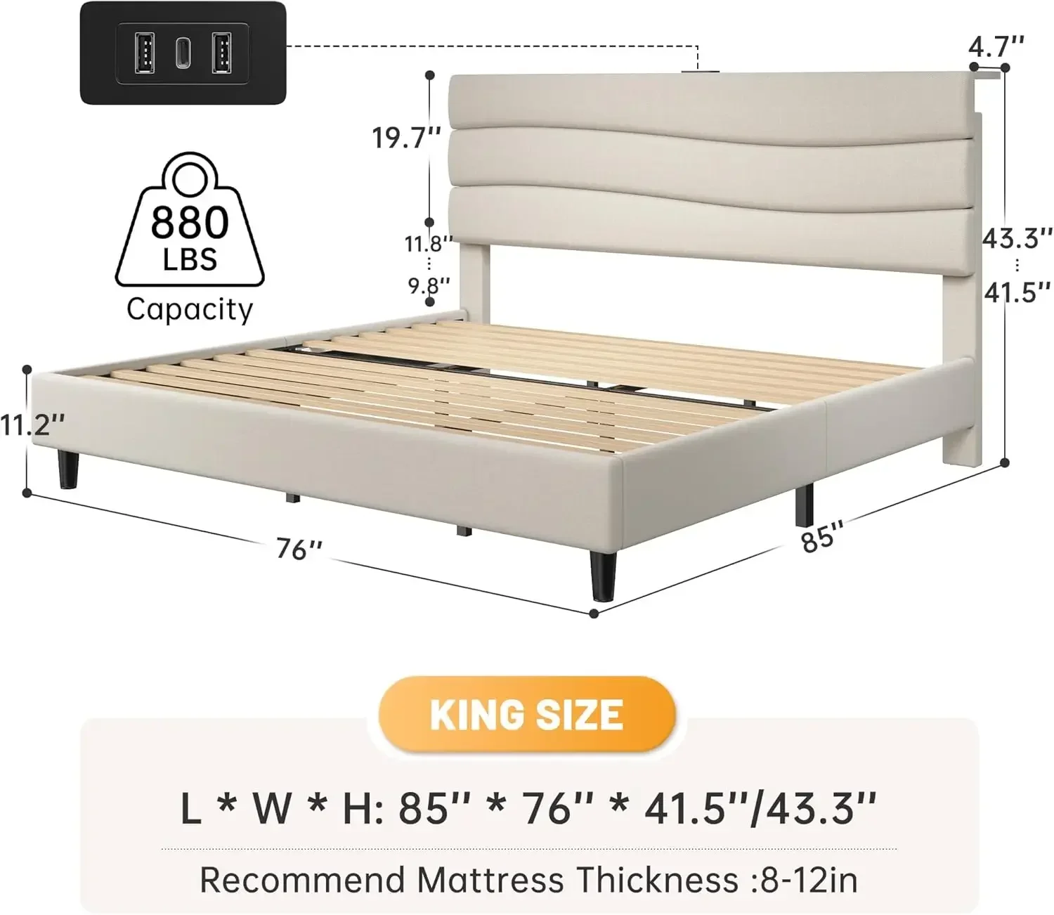 [عرض لفترة محدودة، اليوم فقط! ]إطار سرير بحجم كينج مع لوح رأسي منجد من القماش، وإطار سرير كينج مع لوح رأسي للتخزين