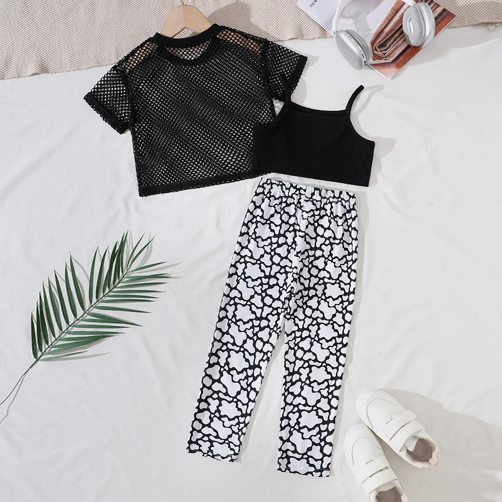 Girls' summer short-length camisole + see-through short-sleeved shirt + milk silk pants three-piece fashion set