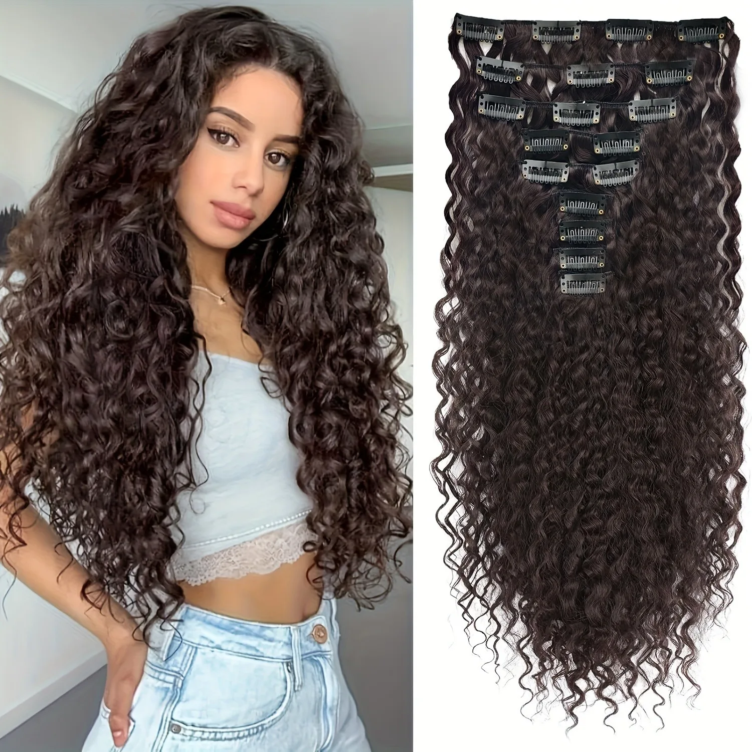 ต่อผมแบบหนีบผมหยิกขนาด 22 นิ้ว 9 ชิ้น ชิ้น ผมสังเคราะห์ยาวและหนา เหมาะสําหรับผู้หญิง สีน้ําตาลเข้ม