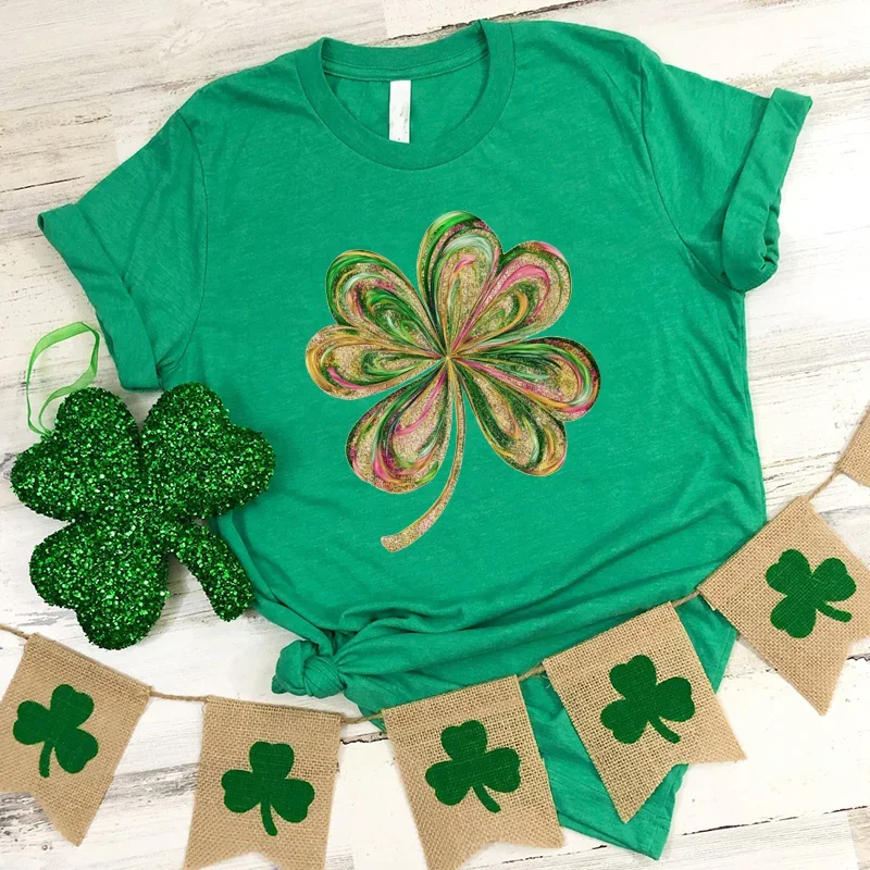 

St. Patrick's Day Glitter Shamrock Tshirt Four Leaf Clover Tee Sequined Shirt for St. Patrick's Day Aesthetic Clothes L