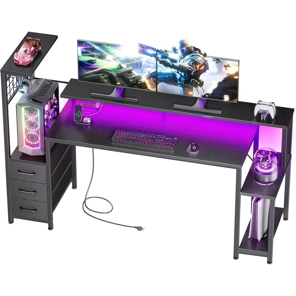 

Игровой стол 63 с Bluetooth, LED-подсветкой и розетками, тканевыми ящиками и крючками, реверсивный стол для мониторов, идеально подходит для домашнего офиса, Carbo