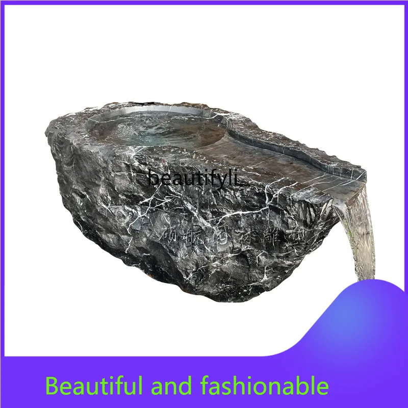 Natural Black Mountain Stone Flowing Water Ornaments Outdoor Courtyard Landscape Pool Waterscape Stone Basin Carving Crafts