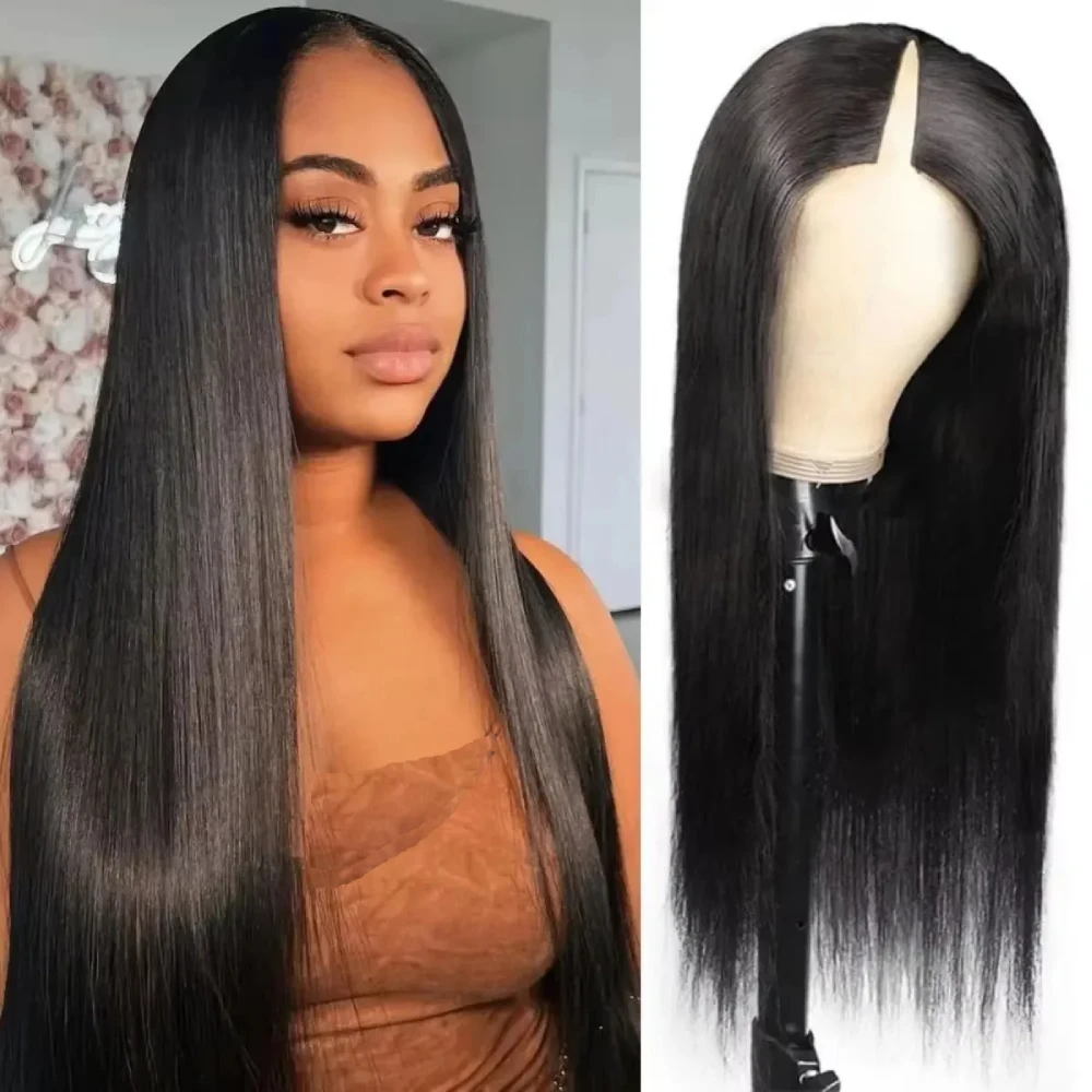 

No Glue Remy Hair Straight V Part Wig 100% Human Hair 200% Density 16-32 Inch Straight Wigs No Leave Out Side Part Wig For Women