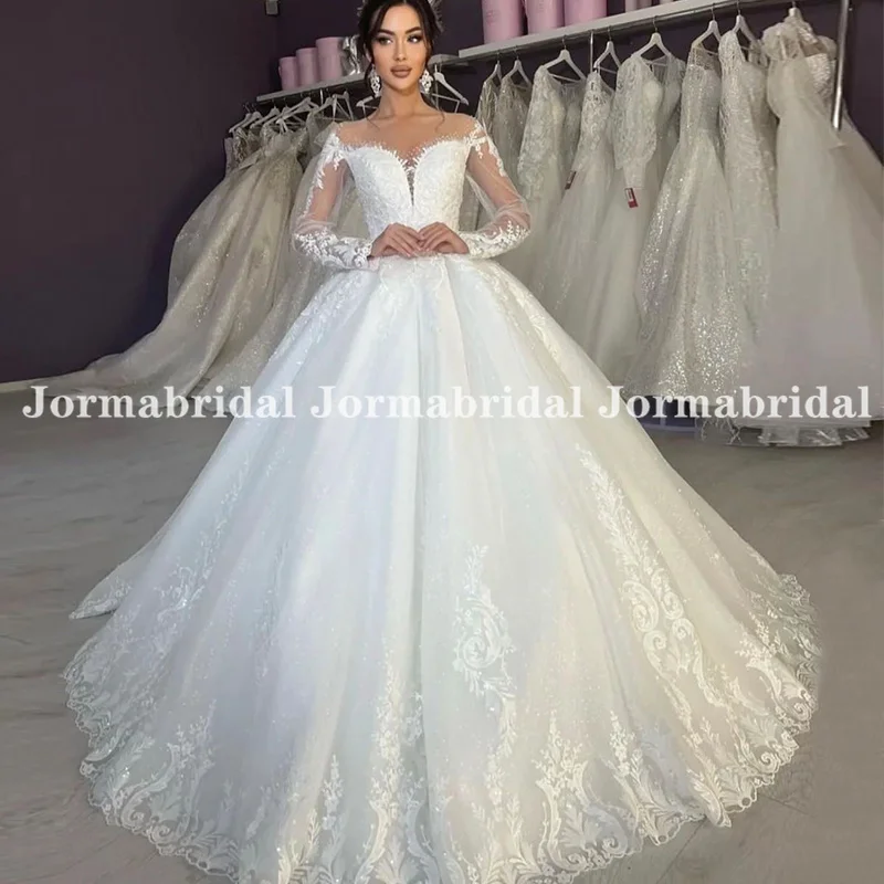 Luxury Glitter Ball Gown Wedding Dress with Long Sleeves Vintage Embridery Appliques Princess Shiny Tulle Winter Bridal Gowns