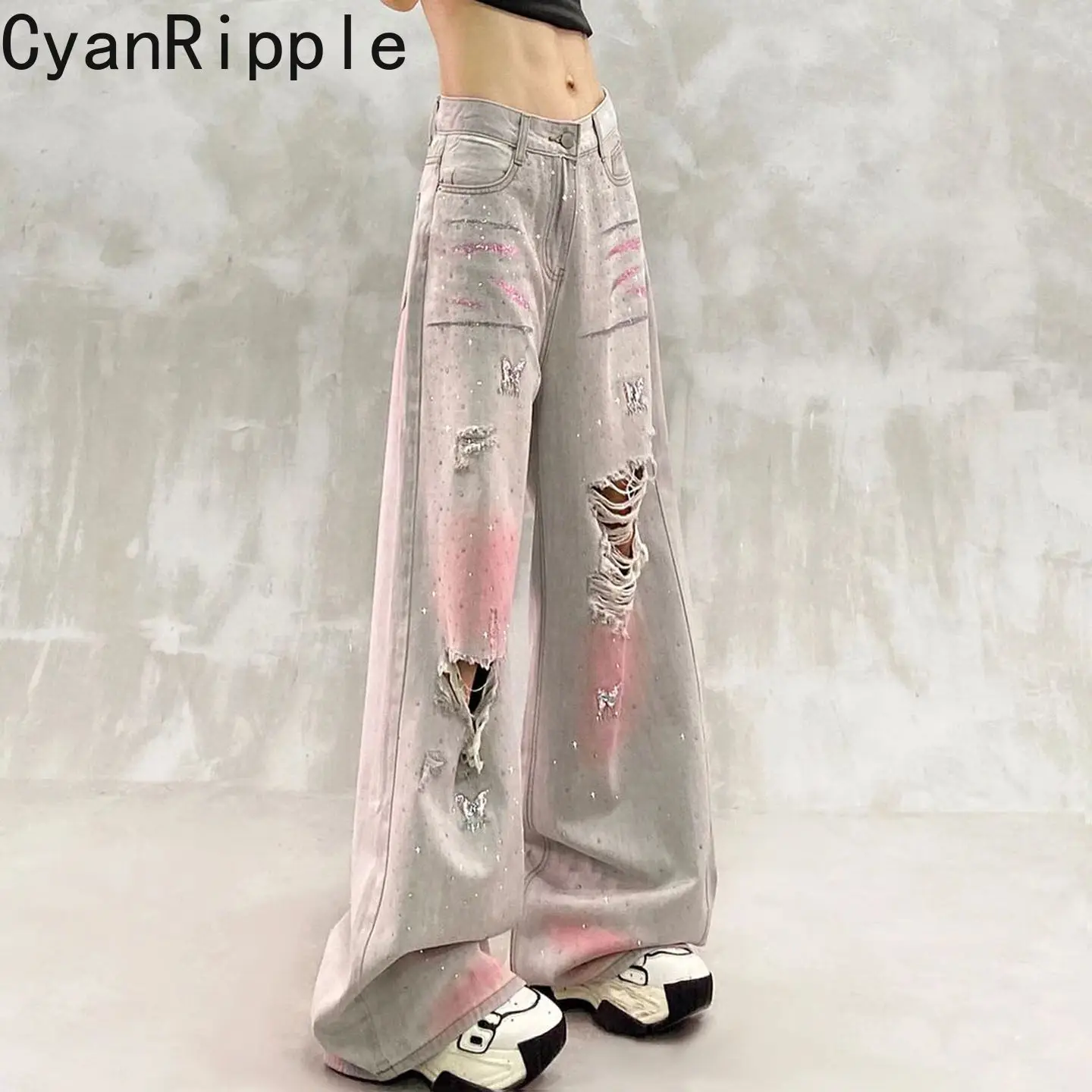 Fashionable New Spring Summer Hot Diamonds Hole Wide Leg Jeans Women All-match High Waist Mopping Floor Casual Denim Pants