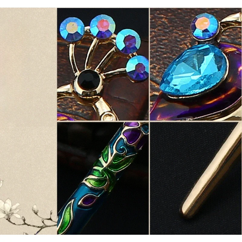 Vintage Ladies Enamel Crystal Peacock Hairpin Chinese Style Handmade Jewelry Beauty Styling Tool Hairpin