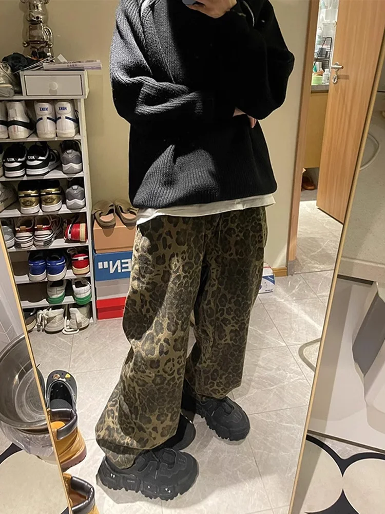 

Модные американские брюки с леопардовым принтом, прямые широкие брюки, осенне-зимние мужские повседневные брюки, удобные свободные брюки
