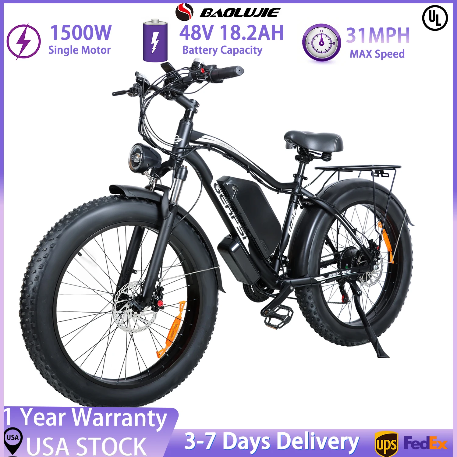 

BAOLUJIE 2601 Ebike, Motor 1500W, Two Batteries 48V 18.2AH, Max Speed 31MPH, 26*4.0 Fat Tires Electric Bicycle【1 Year Warranty】