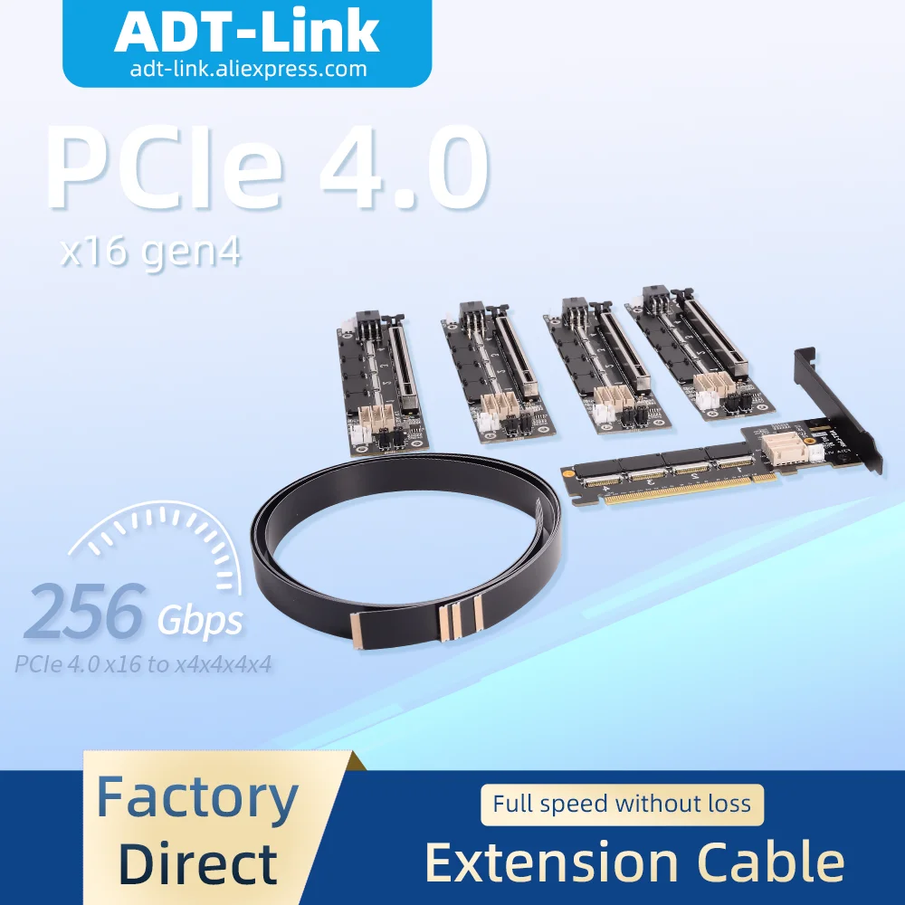 

ADT-Link PCIe 4.0 x16 Graphics Card Extension Cable 1 to 4 PCI-E Riser Gen4 Split Card Bifurcation 16X to X4X4X4X4 X8X8 Adapter