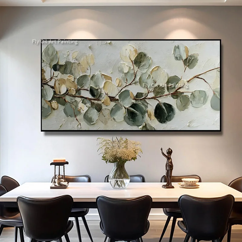 Textured Eucalyptus Branch Canvas Art, Handcrafted Floral Oil on Canvas, Muted Sage‑Green Large Horizontal Nature Wall Piece