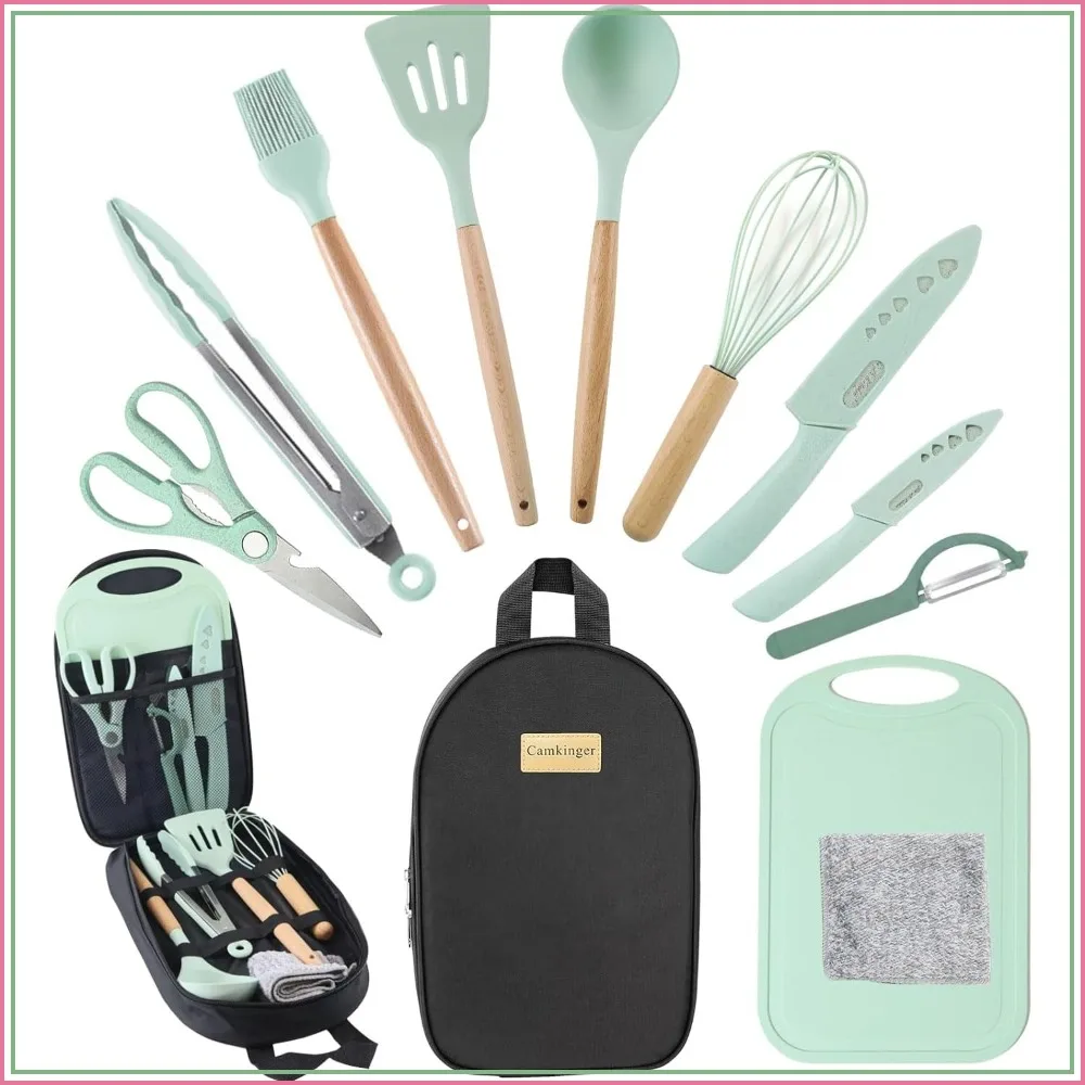 

Portable Outdoor Camp Cookware Set - Silicone Camping Kitchen Essentials for Travel BBQ Grill Picnic Hiking
