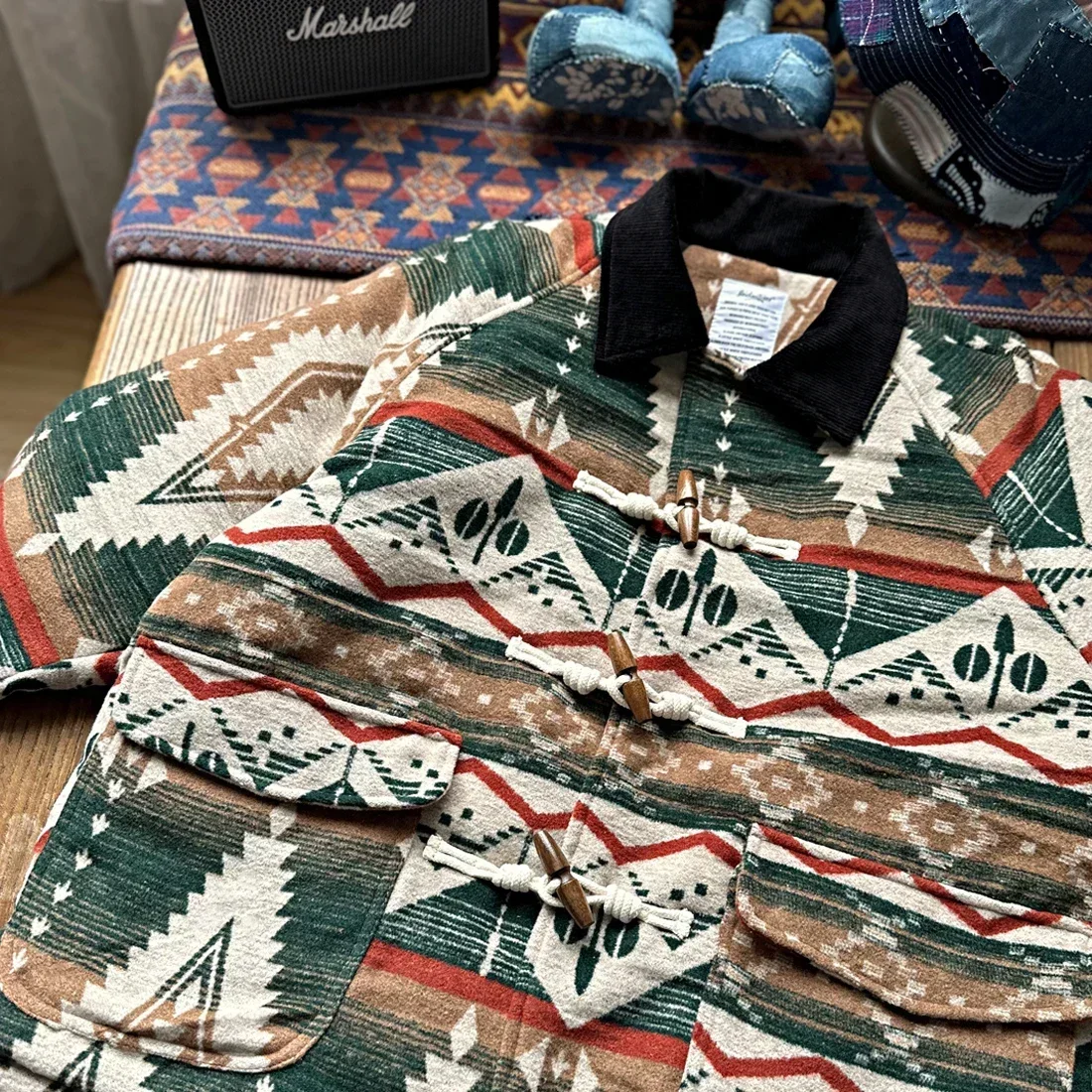 الخريف والشتاء اليابانية العرقية نمط الرجال سترة قطن الرجعية القرن الخشب زر فضفاض الكتف الأكمام معطف #4