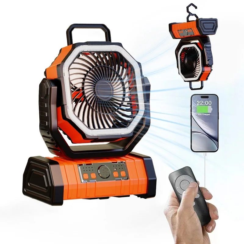 Rechargeable portable fan,device with LED light and hook,20000mAh battery,large capacity outdoor fishing and camping fan