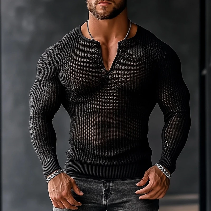 Sexy Mesh Bottoming T Shirts Mens Fashion Hollow Out See Through Pullover Tops Men Spring Autumn Vintage V Neck Long Sleeve Tees