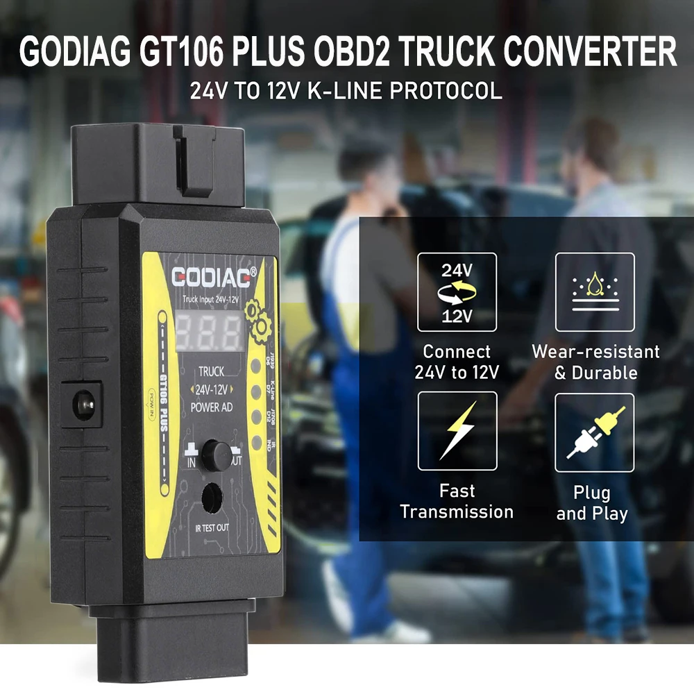 GODIAG GT106 PLUS 24V to 12V Heavy Duty Truck Converter Adapter for X431 Easydiag/ ThinkCar/ DBScar 7 / Thinkdiag 2 OBD2 K-Line