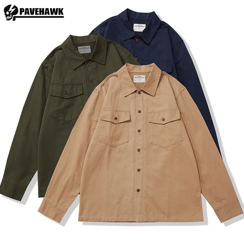 

Mens Retro Cotton Cargo Shirt Jacket Heavyweight Simplicity Solid Matte Long Sleeved Top Double Pockets Casual Washed Camisas