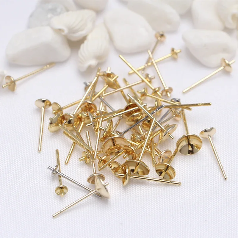 30 Chiếc Bằng Đồng Mạ Vàng 18K Trống Bông Tai Ngọc Trai Cốc Đinh Nhọn Đế Chân Tròn Cabochon Khay Cài Đặt Cho DIY bông Tai Trang Sức Làm