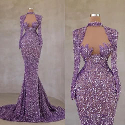 Gorgeous Purple Sequined Mermaid Evening Dresses Beads Long Sleeve Slim Ruched Women Party Pageant Prom Gowns