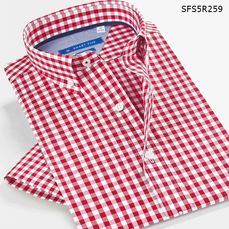 Rot Blau Kariertes Sommer Herrenhemd Business Kurzarm Freizeithemd Formal Slim Fit Rot Blau Hemd aus 100 % Baumwolle für Herren